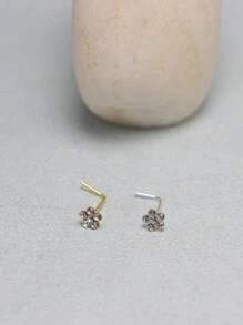 1件优雅925纯银鼻钉，花朵造型，镶嵌透明水晶，L形鼻部穿孔饰品 - 銀色 - 查看 6