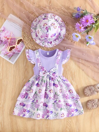 Baby Girls Summer  Cap Sleeve Dress With Cute Bow Decor, Fashionable  Floral Print And Matching Hat