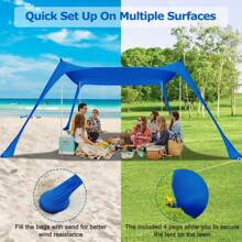 COMMOUDS Beach Tent Sun Shelter - UPF 50+ Portable Beach Canopy With Sandbags, Sand Shovel & Windproof Poles, Ideal For Beach, Camping, Picnics, And Backyard - 藍色 - 查看 2