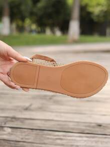 Women's Flat Sandals, Fashion Open Toe Flats, Comfortable Casual Breathable Hollow Net Slip-On Shoes - Khaki - View 8