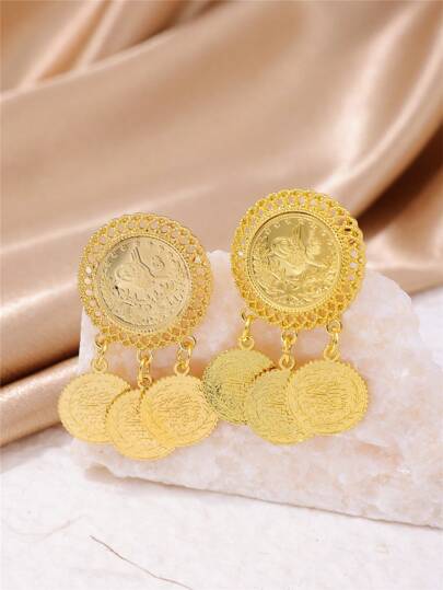 1pair Exquisite Gold Coin Shaped Corsage Pins, French Palace Style Bridal Wedding Accessories Brooch, Women's Festival Party Scarf Buckle