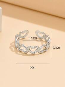 1 件可调节不锈钢空心心形戒指，女士可爱日常佩戴配饰 - 銀色 - 查看 3