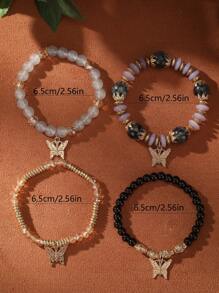 4入組多層蝴蝶吊墜寶石珠子手鍊 - 黑色 - 查看 3