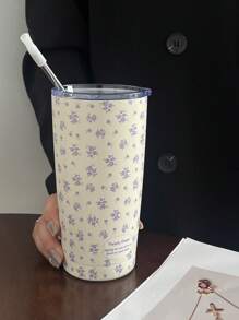 1pc 20oz/600ml Purple Floral Pattern Double-Layer Stainless Steel Vacuum Insulated Cup, Coffee Cup, Water Cup, Travel Mug, Camping Coffee Cup, Highly Attractive Festival & Birthday Gift, Made Of 304 Stainless Steel (Without Straw) Back To School - 20oz/600ml - View 6