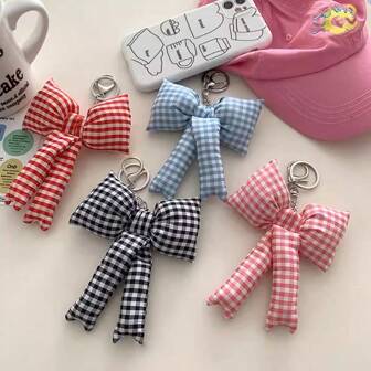1PC Sweet Girl Heart Plaid Bow Keychain Bag Pendant Back To School