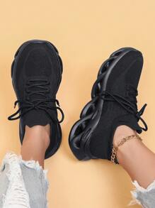 Zapatillas deportivas bajas para mujeres con cordones simples y lisas, zapatos casuales y transpirables con calcetines ligeros, zapatos deportivos minimalistas para correr - Negro - Ver 3