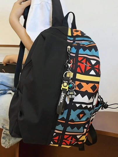 休闲大容量背包，时尚涂鸦尼龙斜挎包，带吊坠的学校和旅行包，圣诞尖叫包书包背包冬季圣诞礼物背包男士礼物徒步旅行学生多功能户外夏季返校沙滩包沙滩笔记本电脑包运动生活包背包