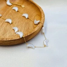 1入組海洋沙灘風格心形貝殼新月形仿珍珠項鍊，適用於女性夏季比基尼V領襯衫 - 金色白珠 - 查看 14