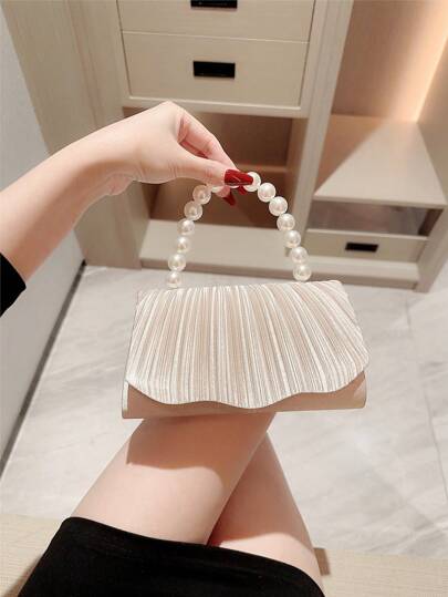 豪華優雅的緞面手包，適用於婚禮、雞尾酒派對、舞會和正式場合，附有仿珍珠手柄