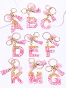 1pc Cute A-Z Golden And Pink Shell Pattern Letter Shaped Keychain Pendant With Crystal Star Decoration Glass Ball,Purse, Wallet Charms, Bag Decorative Alphabet Keychain For Women,Car Keychain Pendant,  Gift For Friends,Family, Colleagues, Teachers, Classmates - Gold Pink - View 3