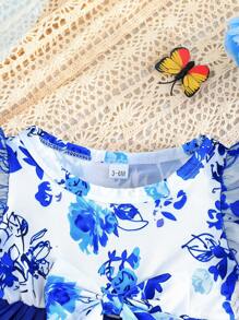 女嬰可愛的層級網紗裙裝，有蝴蝶結和印花，夏季 - 藍色 - 查看 3