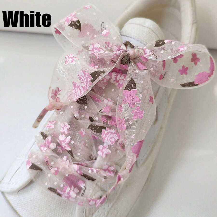 1pair Dreamy Cherry Blossom Mesh Lace Shoelaces, Suitable For Canvas Shoes, Sneakers, White Shoes, Flat Shoelaces For Spring/Summer