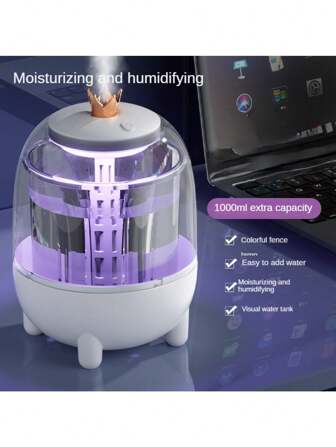 Humidificador de escritorio alimentado por USB con tanque de agua visible, diseño de llenado superior DIY, luz de ambiente de 7 colores, modos de niebla continua e intermitente