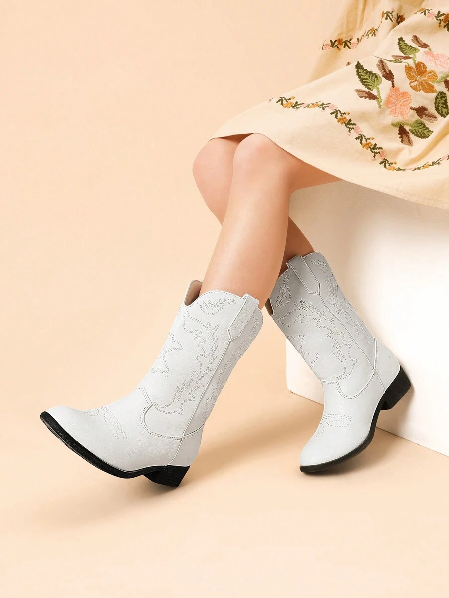 Western Cowboy Boots For Kids, Classic Mid Calf Riding Boots For Boys And Girls - trắng - Xem 1