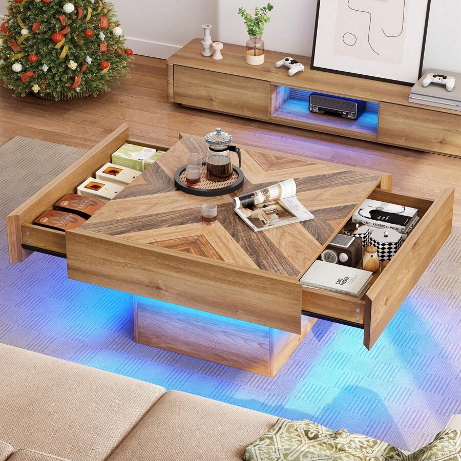 Farmhouse LED Coffee Tables Square Center Table With Storage For Living Room - 棕色 - 查看 1
