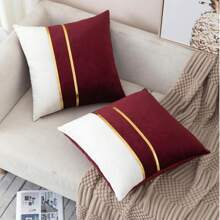 1pc Burgundy & White Velvet Patchwork With Gold Leather Stripes Throw Pillow Cover, Square Cushion Cover, Holiday Home Decorative Soft & Comfortable Fabric, Modern Sofa Decor, For Household Bedroom & Dorm Use
