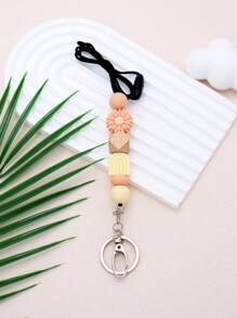 1 pièce Mignon lanière de professeur de Bohême avec perle en bois pour porte-badge de carte d'identité, porte-clés et clés, sangle en silicone pour le cou de marguerite pour femmes, excellents cadeaux pour les enseignants, les étudiants, le personnel
