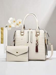 Elegant And Fashionable 2 Pieces Faux Leather Bag Set: Durable Crocodile Patterned Women's Crossbody Bag And Clutch, Magnetic Closure, Stylish Fringe Decoration, White