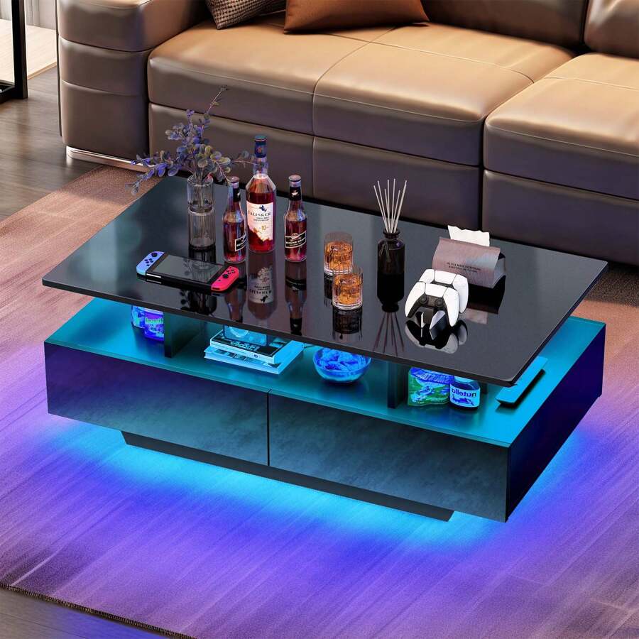 Modern High Gloss Coffee Table With LED Lights & 4 Sliding Drawers Center Cocktail Table For Living Room