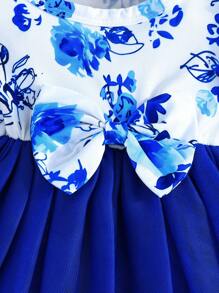 女嬰可愛的層級網紗裙裝，有蝴蝶結和印花，夏季 - 藍色 - 查看 5