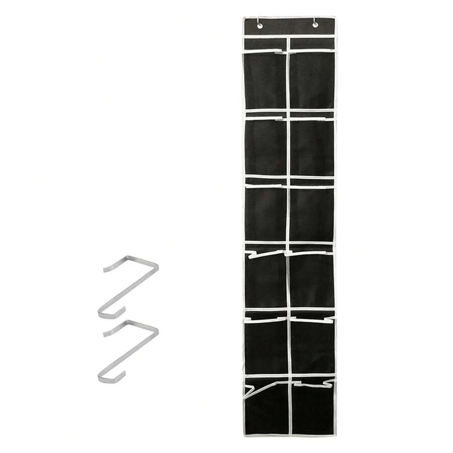 1入掛式鞋收納袋，掛式鞋架收納架12個大型網袋，2個掛鉤式鞋架，適用於家居臥室廚房花園庭院門廊壁櫥 - 黑色 - 查看 1