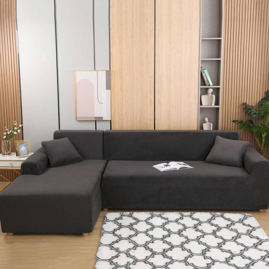 Fundas de sofá en Forma de L, Funda de sofá Esquinera de Felpa de Terciopelo Grueso elástico, Funda de sofá con 2 Fundas de Almohada - Gris Oscuro - Ver 1