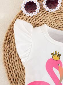 Set da due pezzi di moda estiva per bambine, con maniche a cappuccio, top con stampa carina di unicorno, e pantaloncini casual con bordo arricciato