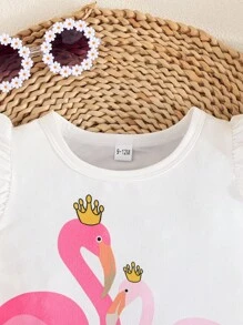 Set da due pezzi di moda estiva per bambine, con maniche a cappuccio, top con stampa carina di unicorno, e pantaloncini casual con bordo arricciato