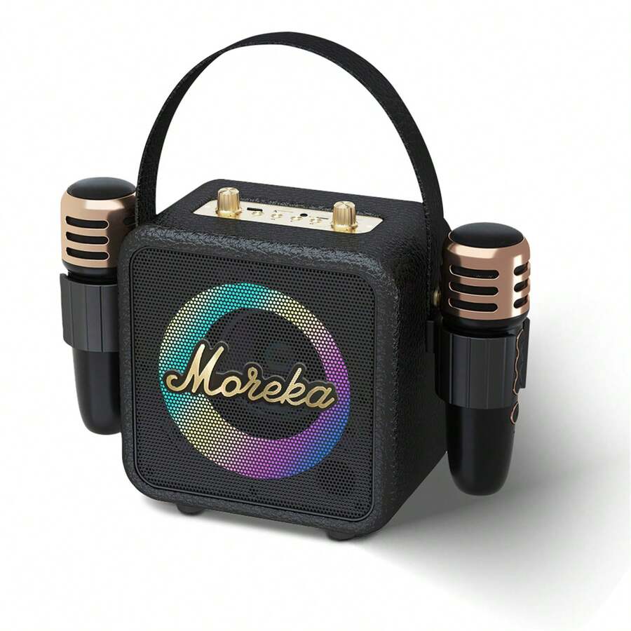 Altavoces Bluetooth portátiles, karaoke inalámbrico, micrófonos duales de audio, canto al aire libre, audio KTV pequeño para el hogar, luces RGB, audio con tarjeta, canto de baile cuadrado Moreka-392