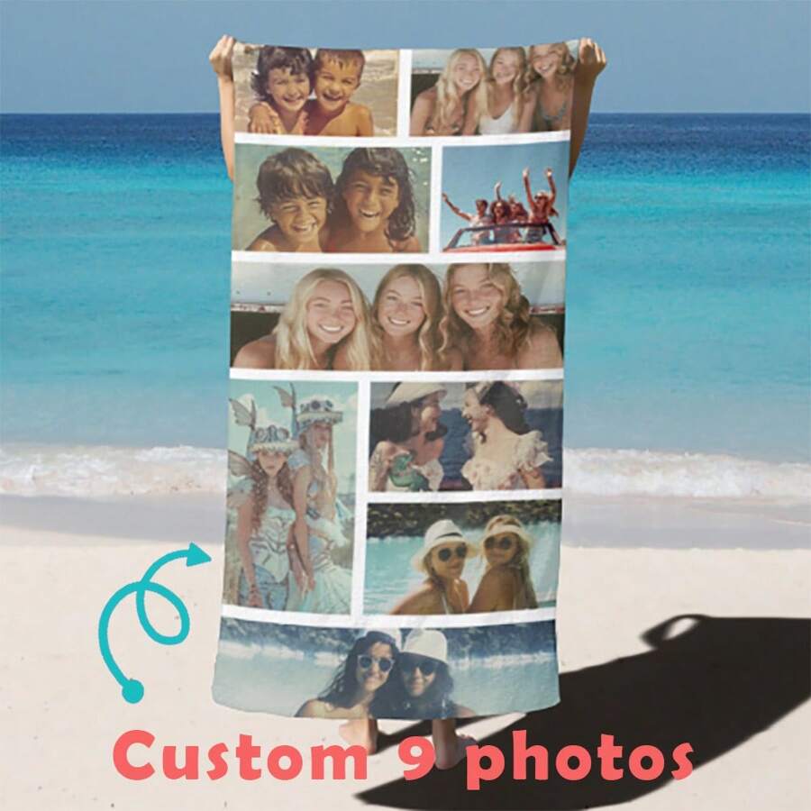 Gepersonaliseerde fotocollage strandhanddoek, aangepaste handdoek - fotohanddoek - fotocollagehanddoek - aangepaste strandhanddoek, familievakantie strandhanddoek - Veel kleurig - Bekijken 1