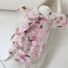 1pair Dreamy Cherry Blossom Mesh Lace Shoelaces, Suitable For Canvas Shoes, Sneakers, White Shoes, Flat Shoelaces For Spring/Summer