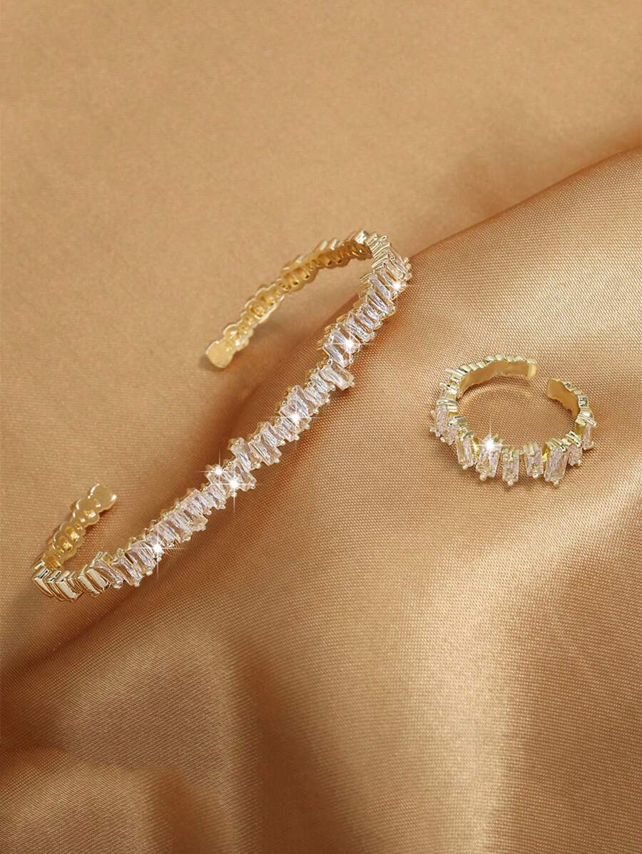 rakol 2 pezzi Set di anello e braccialetto con decorazione asimmetrica in zirconia cubica alla moda - Oro giallo - Visualizzare 1