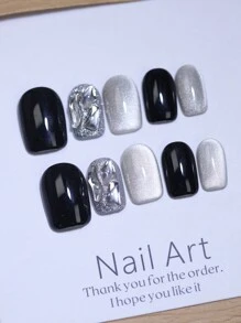 Uñas postizas 100% hechas a mano, 10 piezas de puntas de uñas cuadradas cortas reutilizables en negro con efecto ojo de gato lunar y pedrería blanca con brillo. Encantos de uñas falsas para uso diario, diseño de uñas de fiesta y suministros de uñas uñas falsas uña falsa uña acrílica