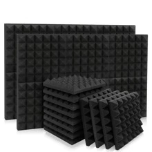 黑色隔音泡沫板，12 英寸 X 12 英寸 X 2 英寸金字塔和三角形设计的隔音板，高密度阻燃墙面泡沫板，用于回声和降噪、Panneaux Muraux、电视、泡沫工作室 - 黑色 - 查看 2