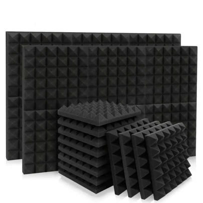 黑色隔音泡沫板，12 英寸 X 12 英寸 X 2 英寸金字塔和三角形设计的隔音板，高密度阻燃墙面泡沫板，用于回声和降噪、Panneaux Muraux、电视、泡沫工作室