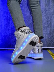 新潮流高筒兒童鞋，帶可拆卸輪子的金色導光鞋，戶外時尚舒適平板滑板鞋 - 銀色 - 查看 6