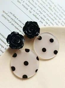A Pair Of Retro Hepburn Style Black Rose Circular Polka Dot Earrings Valentines - Multicolor - View 2