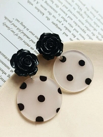 A Pair Of Retro Hepburn Style Black Rose Circular Polka Dot Earrings Valentines