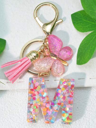 1pc Letter Initials Keychain With Snowflake Shape Resin Pendant, Women's Handbag Hanging Ornament With Butterfly Tassel Decoration Gift,School Valentine's Day Car Accessories Bag Charm Backpack For School