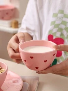 1 Set Pink Heart-Shaped Ceramic Dinnerware Set, Highly Attractive Ins Household Tableware, Including 3.3-Inch Dish, 4.5-Inch Bowl, Heart-Shaped Spoon, Handled Cup, 6-Inch Noodle Bowl, 7.8-Inch Plate, Chopsticks; Ideal Housewarming Gift With Creativity And Aesthetic Appearance School Supplies,Christmas Gift