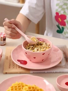 1 Set Pink Heart-Shaped Ceramic Dinnerware Set, Highly Attractive Ins Household Tableware, Including 3.3-Inch Dish, 4.5-Inch Bowl, Heart-Shaped Spoon, Handled Cup, 6-Inch Noodle Bowl, 7.8-Inch Plate, Chopsticks; Ideal Housewarming Gift With Creativity And Aesthetic Appearance School Supplies,Christmas Gift