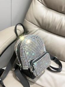 Shiny Rhinestone Backpack Handmade Women's Handbag Shoulder Bag Small Bag Student Casual Backpack - Silver - View 2