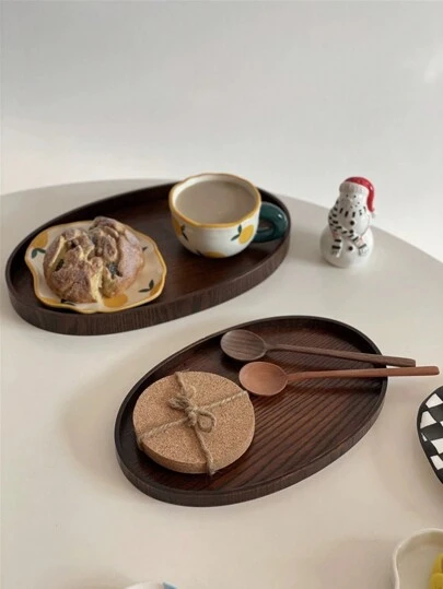 1pc Wooden Tray Solid Wood Elliptical Platter For Food, Bread, Breakfast, Dessert, Key And Coffee, Tea, Snacks - Party Serving Tray,Kitchen,Christmas Gift