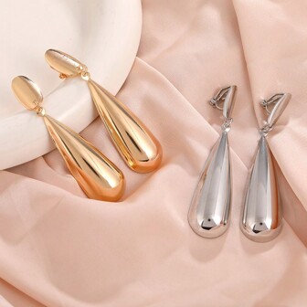 2pcs Exaggerated European And American Geometric Round Ear Clips, Simple Metal Surface Water Drop Long Pain-Free Ear Clips Suitable For Women's Daily Wear