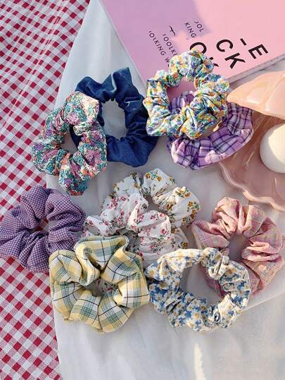 10条装女士Y2K复古可爱碎花发圈，粉色、白色和蓝色可选；时尚百搭的发饰，兼具优雅、简约和高品质，适合日常佩戴、休闲聚会、通勤、度假以及各种发型，例如马尾辫、盘发等；可在洗脸、沐浴和化妆时使用，或作为时尚配饰搭配服装。发圈 发绳 化妆 家居 健身 女士配饰 头饰 弹性发带