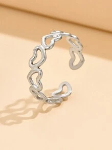 1 件可调节不锈钢空心心形戒指，女士可爱日常佩戴配饰 - 銀色 - 查看 9