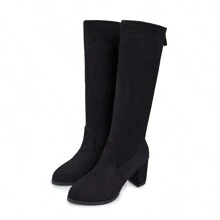 Women's New Solid Color Stretch Boots, Round Toe Suede Chunky Heel 7CM Tall Boots, Slip-On Design, Fashion Versatile Casual Shoes, Plus Size 43 , Match Black Skirt - Black - View 7