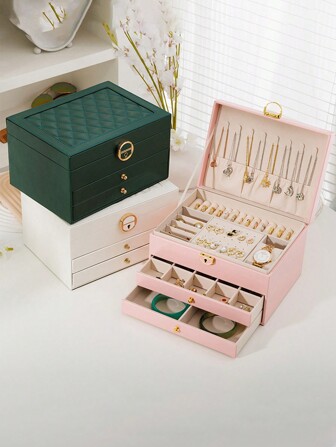 1 件多功能格子公主化妆品和珠宝盒，带锁、抽屉和皮革表面，用于存放手镯、耳环、项链和其他配饰，返校