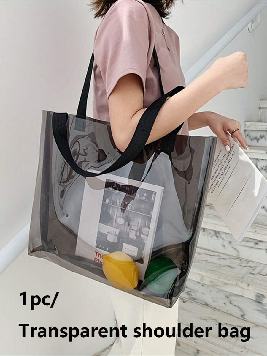 1pc Waterproof Large Capacity Transparent Shoulder Bag, Minimalist Design, PVC Material, Suitable For Travel, Beach, Sports, Yoga, Swimming And Other Occasions - Black - View 1