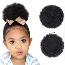 1入組女孩撚麻辮馬尾假髮補充，合成纖維蓬鬆緊曲髮型包子頭捲髮編造假髮，適用於兒童 - 黑色 - 查看 2